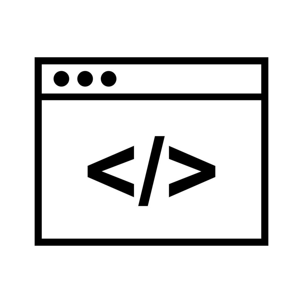 A black and white icon of a computer screen with a code symbol vector