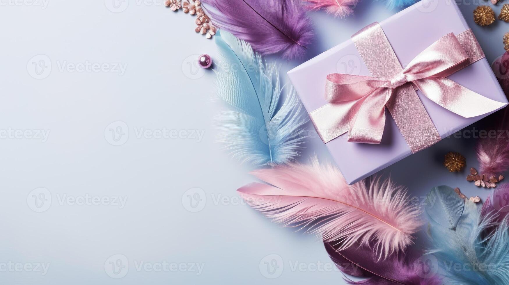 Gift box and feathers frame on light background banner background copy space. Congratulation with holiday image backdrop empty. Celebration concept composition top view, copyspace photo