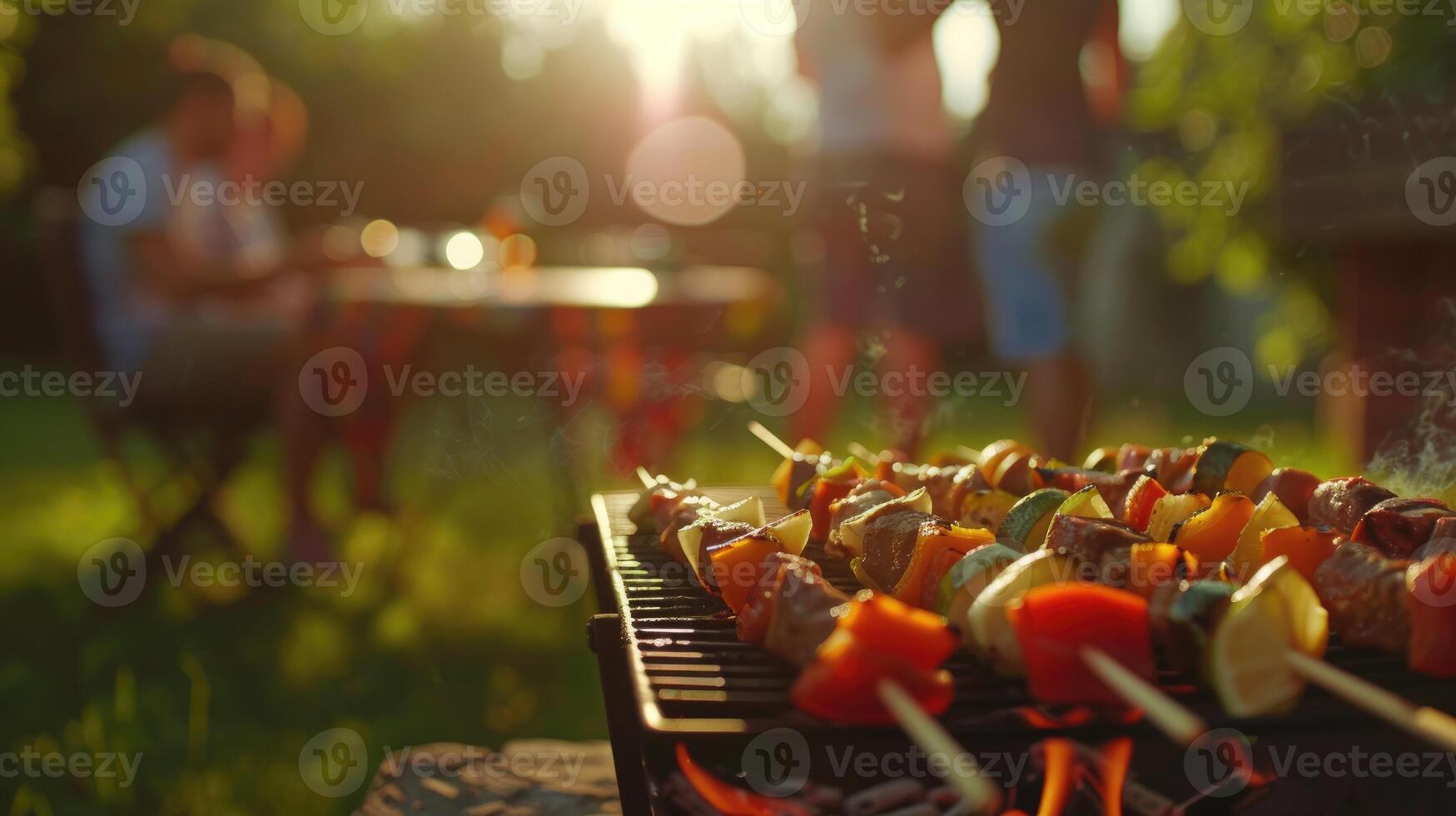 Skewers with vegetables and meat in grill closeup image. Barbeque party on summer weekend close up photography. Grilling tasty healthy food in garden concept photo realistic