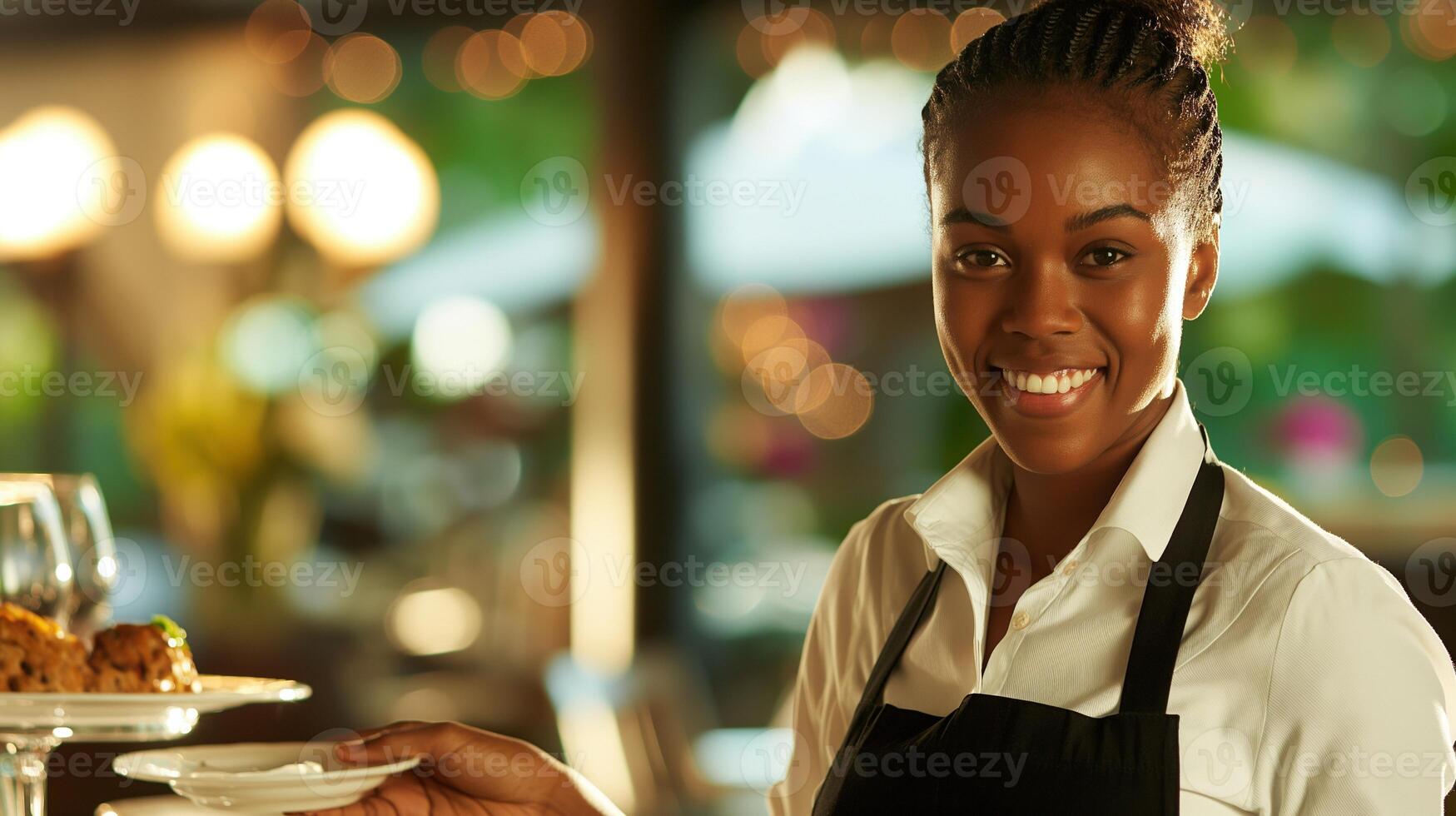 Smiling black waitress serving dishes in bright restaurant portrait image. African american female employee picture photorealistic. Fine dining occupation concept photo realistic