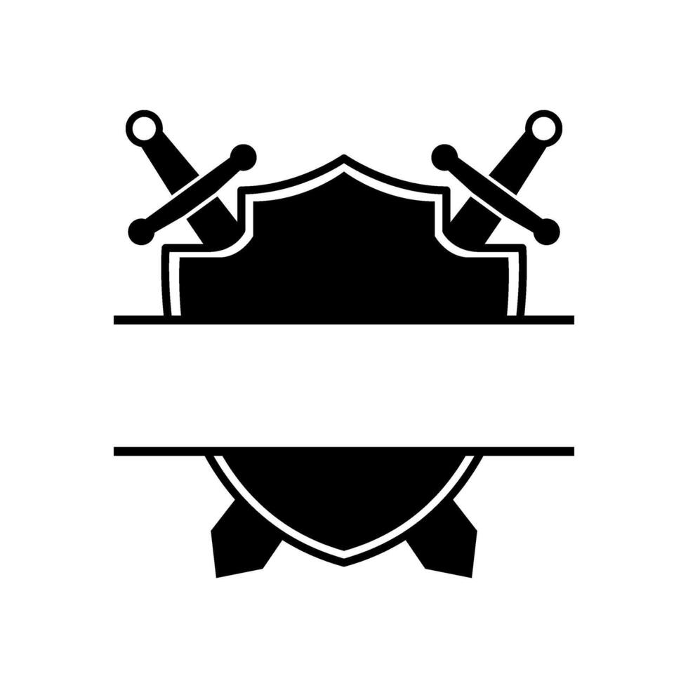 A black and white logo for a shield and two swords vector