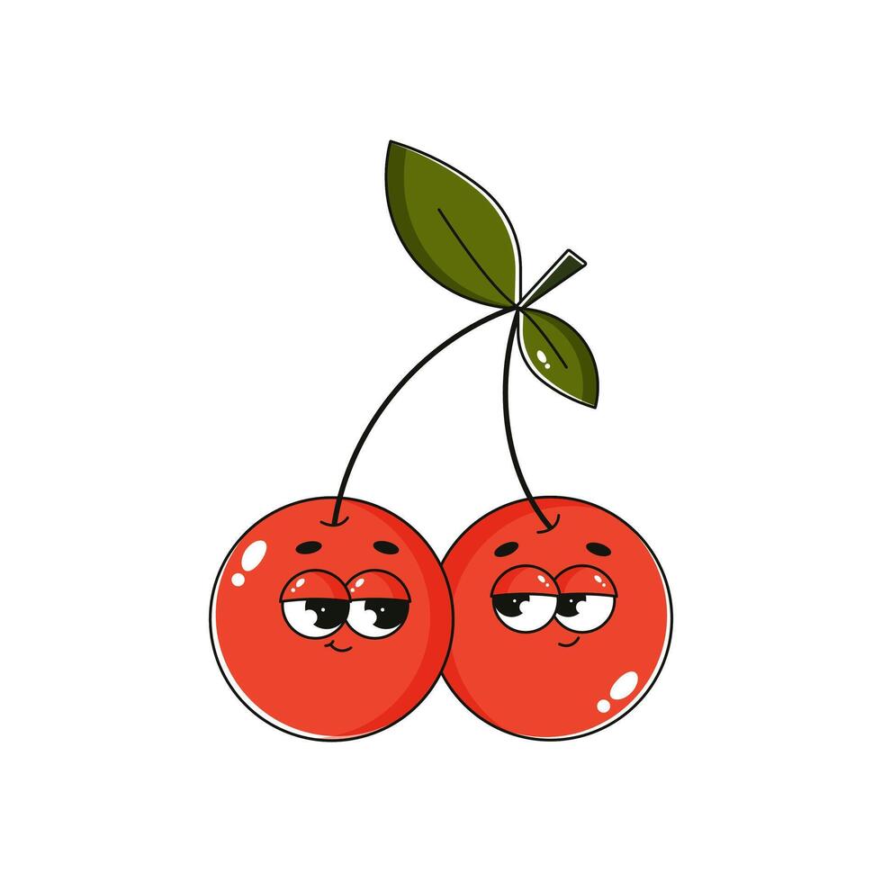 Funny retro cherry character sticker. Trendy berry cherries with cute face. Groovy summer illustration 70s, 80s vintage vibes vector