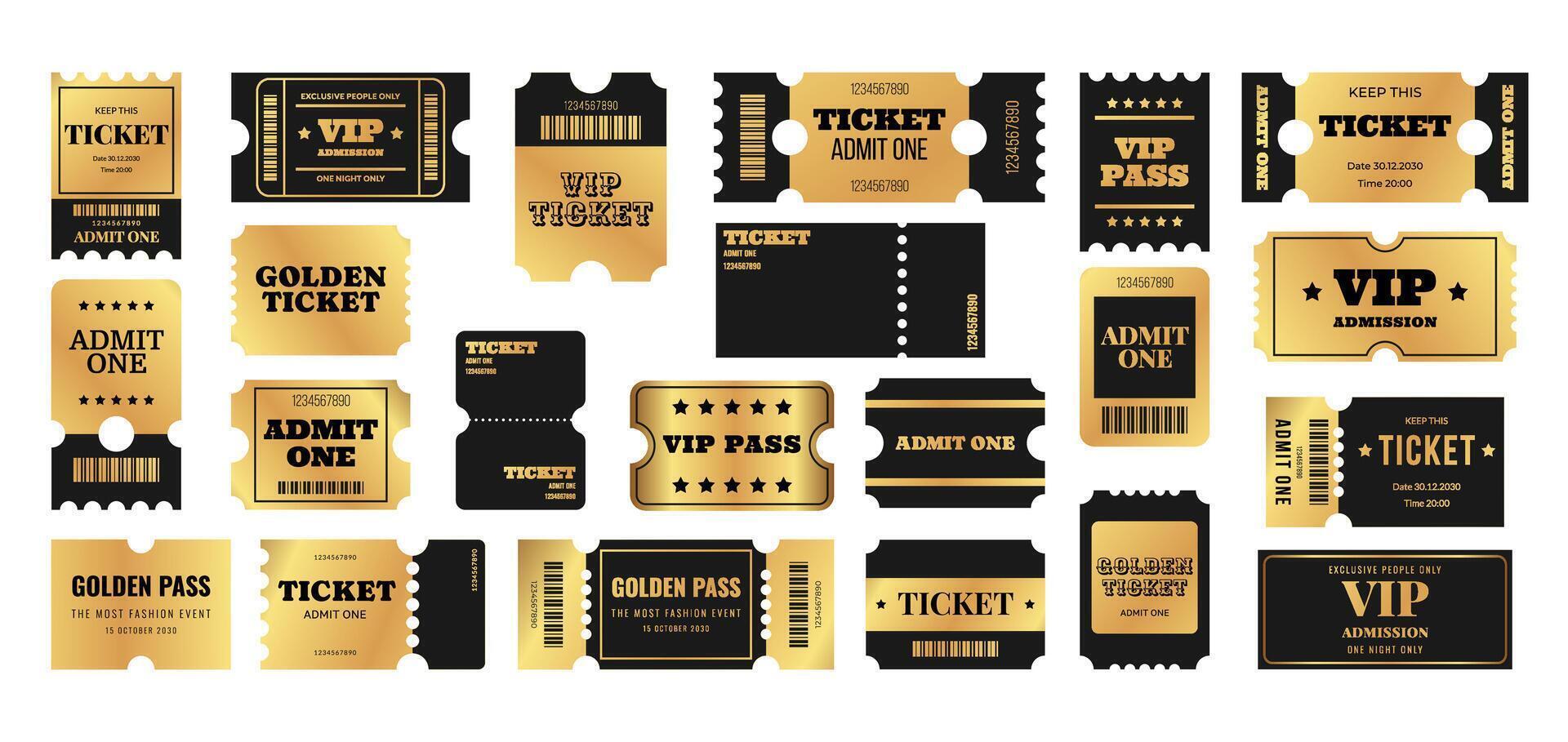 Set golden vip ticket, pass, admission, admit one, coupon, vaucher, label and more template. Gold metal design collection. illustration on white background vector