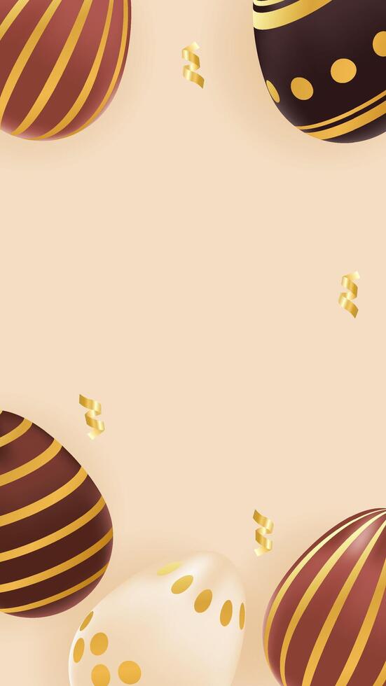 Vertical story template Easter theme with realistic chocolate eggs with gold pattern. Holiday greeting for social media post with copy space. illustration brown, beige colors vector