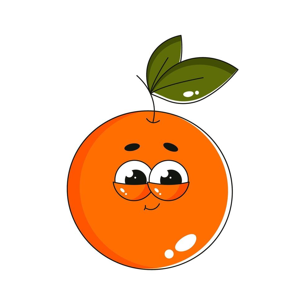 Funky groovy retro orange character. Comic mascot of fruit with happy smile face. Summer isolated illustration 70s, 80s vintage style vector