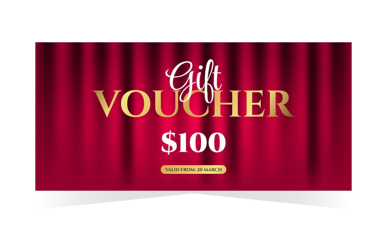 Gift voucher template with red luxury curtains background and golden text. Elegant promotion design. illustration for birthday, events, entertainment, luxury vector