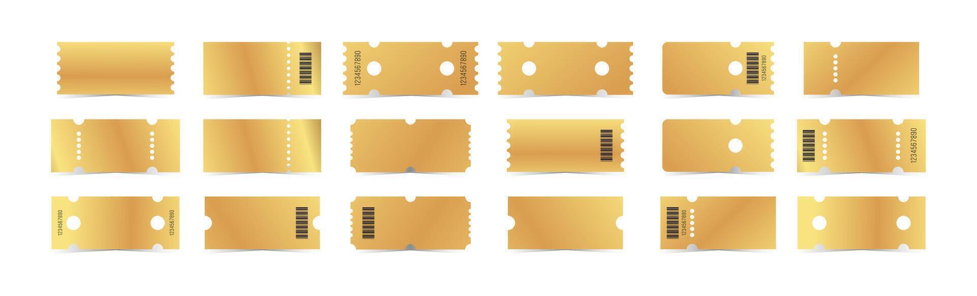 Golden tickets template set. Empty gold coupon blank with barcode, number. illustration collection isolated on white background vector