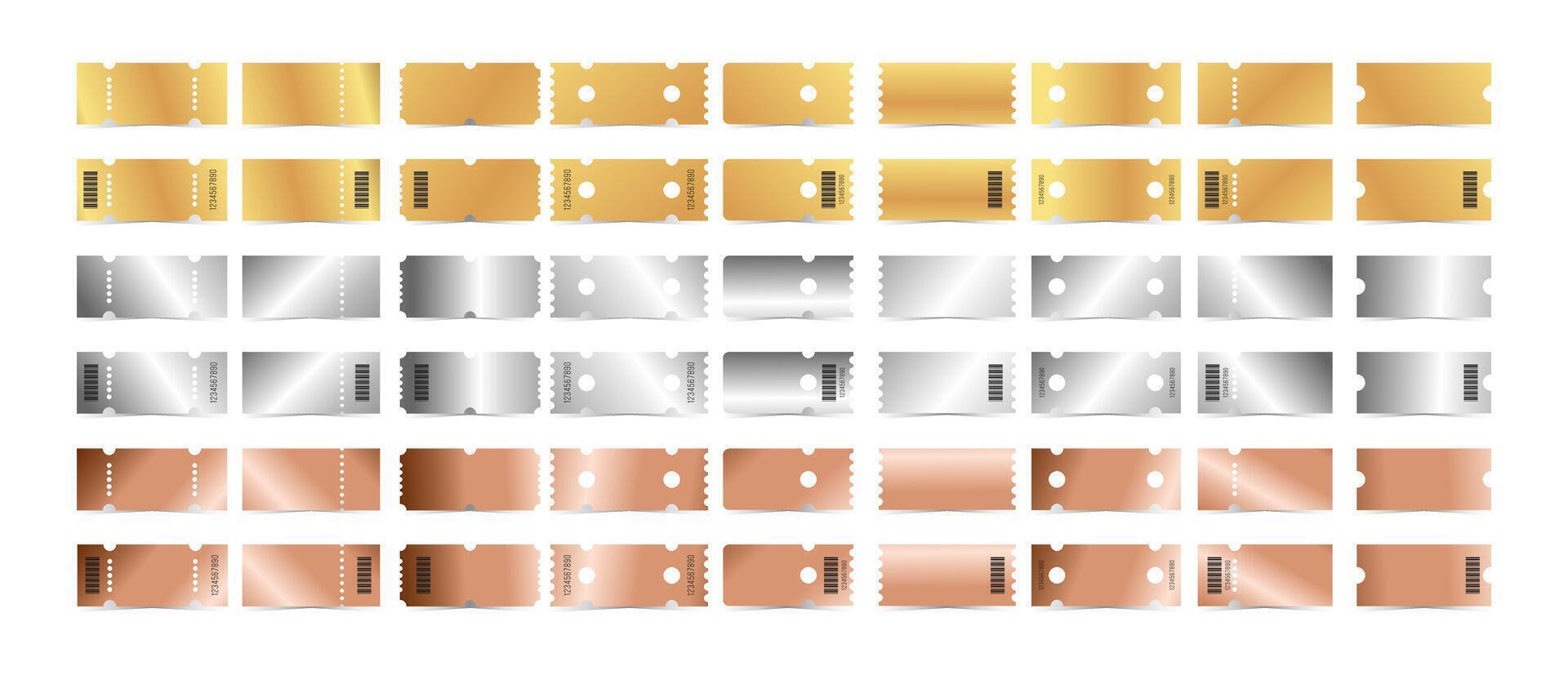 Gold, silver, bronze ticket template set. Empty coupons blank and ticket with number, barcode. illustration collection isolated on white background vector