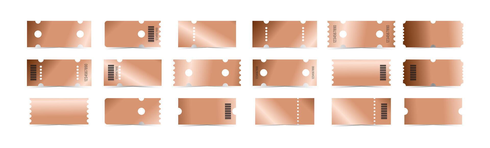 Bronze tickets template set. Empty copper coupon blank with barcode and number. illustration collection isolated on white background vector