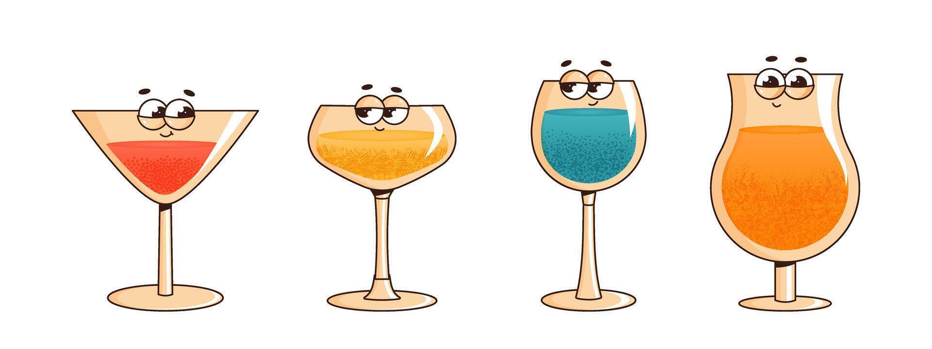 Set retro groovy characters cocktail. Funky alcoholic or nonalcoholic drink. Vintage illustration 70s, 80s style on transparent background for pub, bars, cafe, restaurant vector