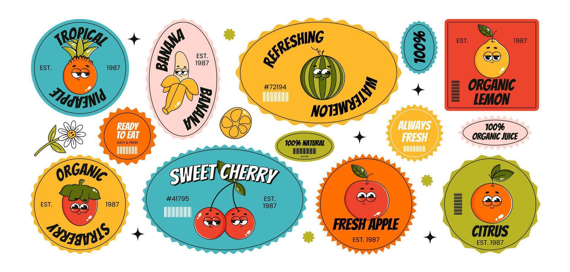 Funny Fruits. Retro groovy sticker, patch. Comic characters strawberry, lemon, banana, apple, pineapple, orange, cherry, watermelon, slogan, quotes and other elements. illustration vector