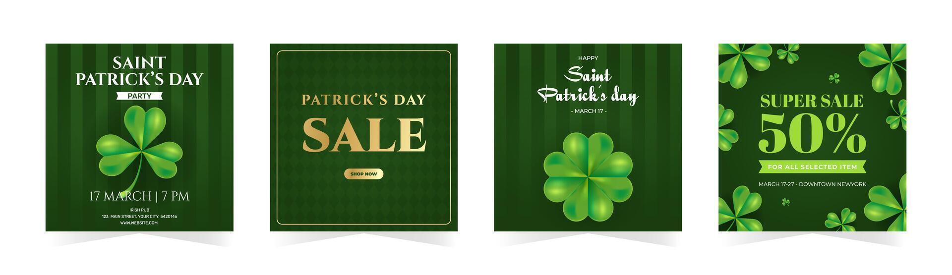 Happy St. Patricks Day sale, party invitation, greeting cards. Green shamrock, quatrefoil on green backgrounds. illustration set vector