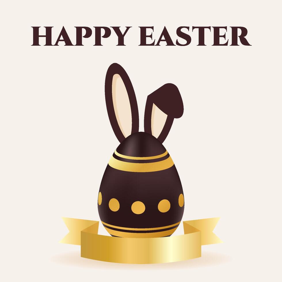 Happy Easter card with realistic chocolate egg with gold stripe,bunny ears . Holiday greeting poster. Spring illustration. Design for banner, flyer, social media, brochure, presentation, invitation vector