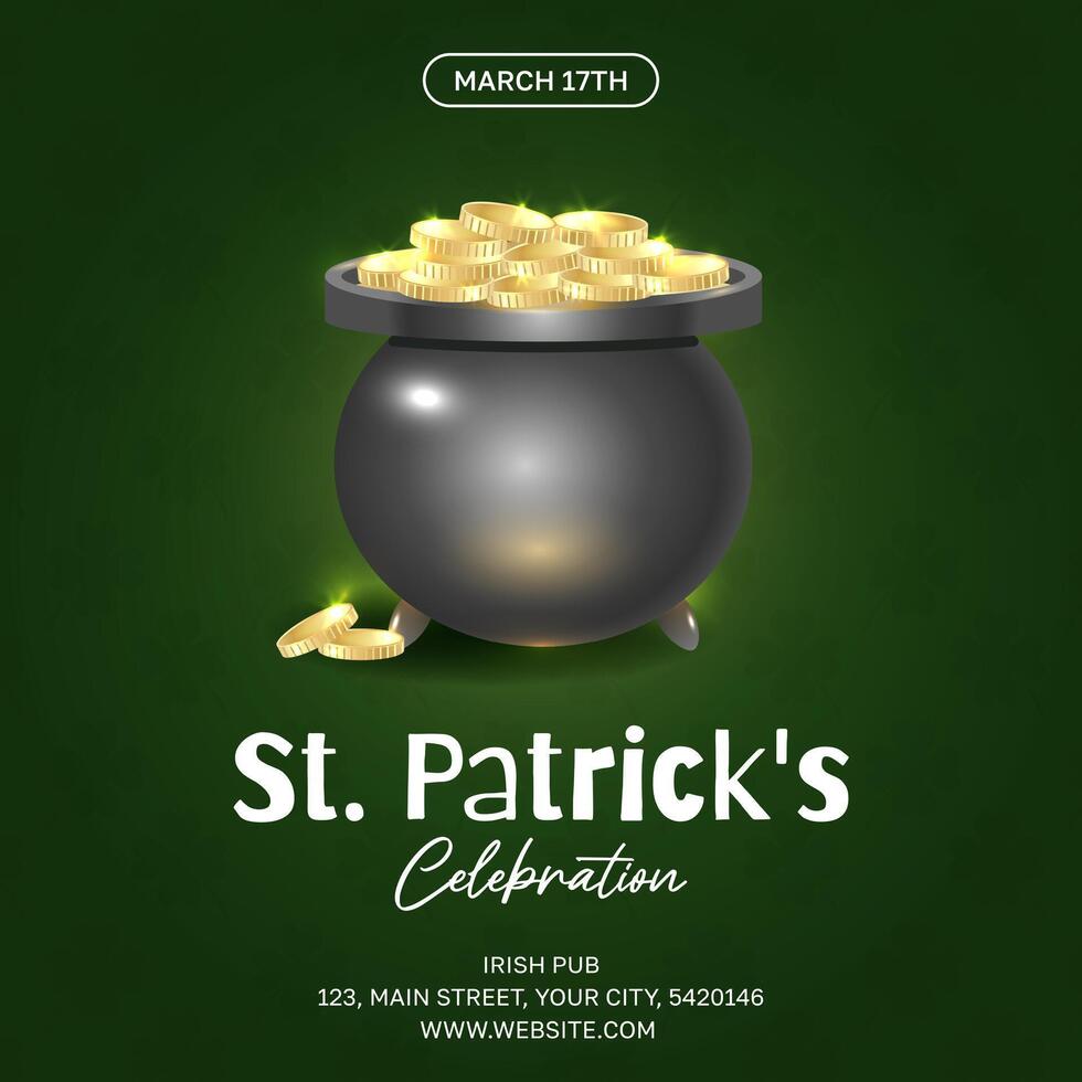 St Patricks celebration invitation card with cauldron, golden coins. illustration on green background. Poster, flyer, banner concept vector
