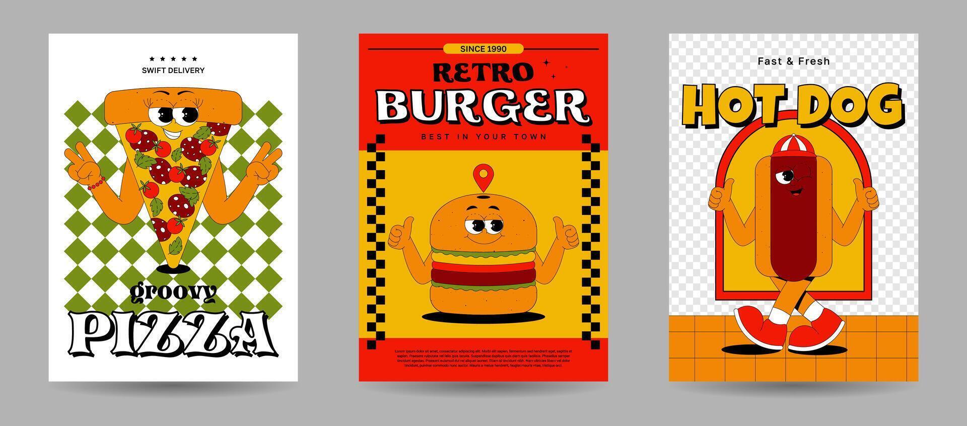 Set of posters with pizza, burger, hot dog characters in retro groovy style. Playful psychedelic fast food mascots. Vintage flat illustration vector