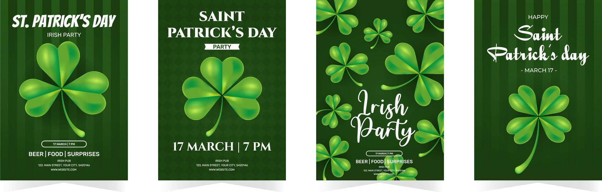Happy St. Patricks Day greeting card, party invitation posters. Green shamrock, quatrefoil on dark green background. Vertical illustration set vector