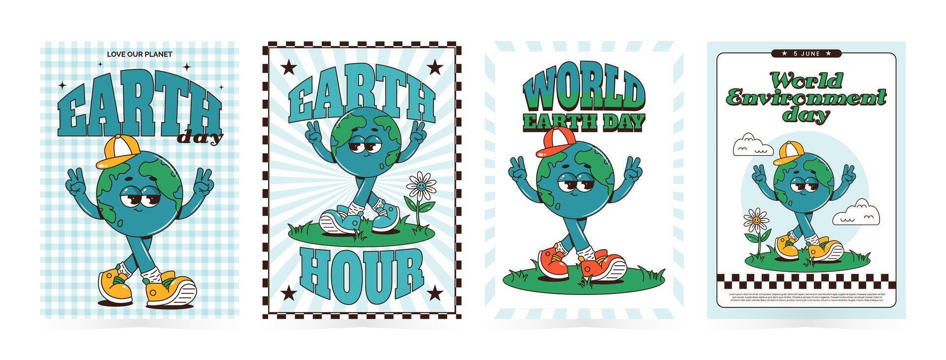 Retro groovy planet Earth character. Funky walking globe personage. World Environment day, Earth day, Earth hour vertical posters set. illustration vector