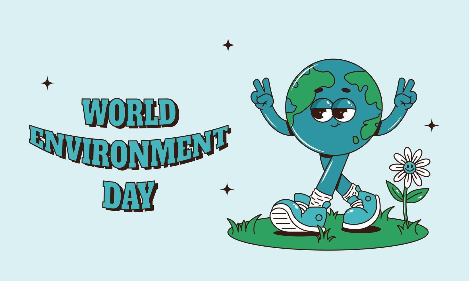 Retro groovy Earth planet walking character in sneakers, cute flower and grass. World Environment day horizontal banner. illustration vector
