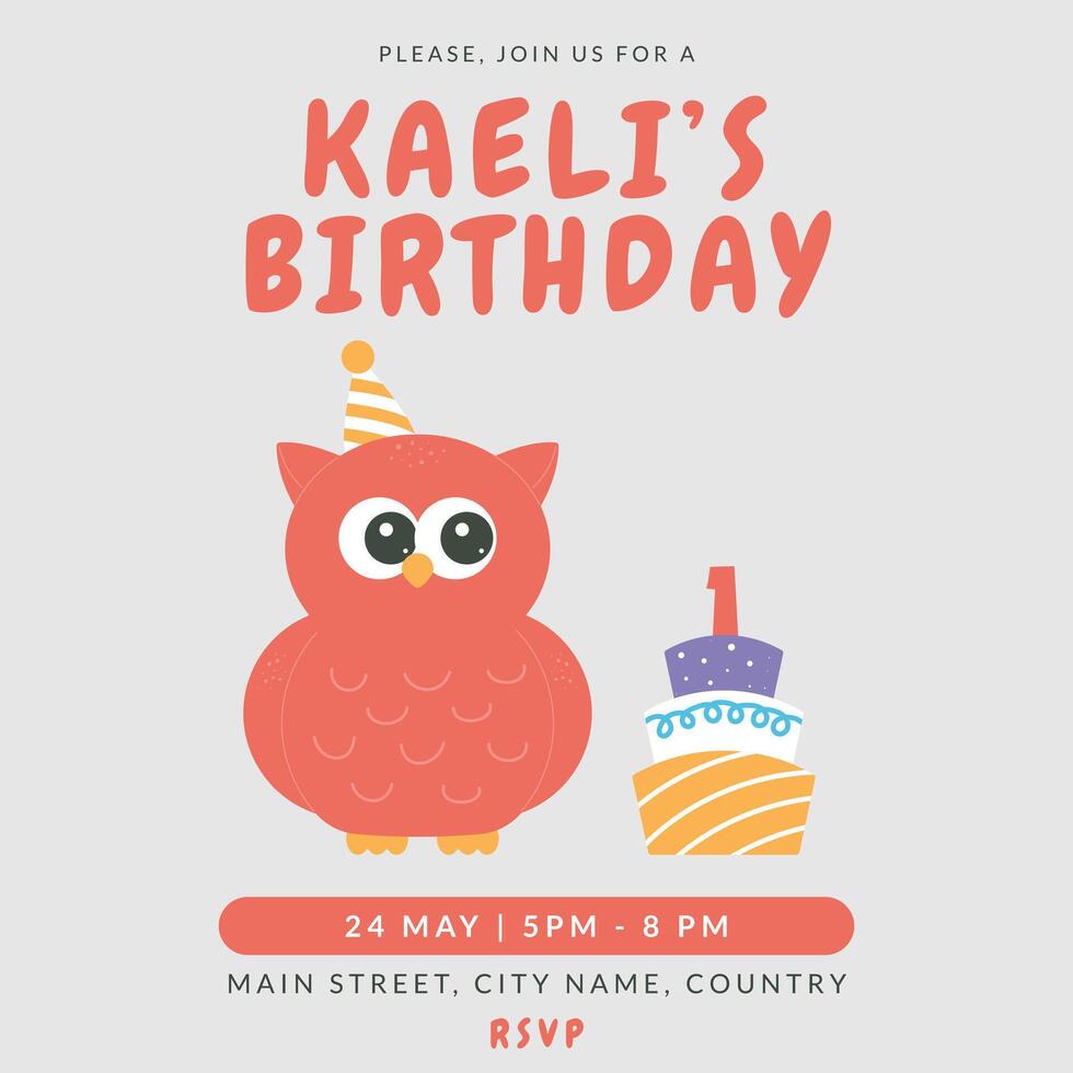 Greeting and invitation card for kids Birthday party. Cute baby owl and cake with number 1 in flat childrens style. illustration, design for card, poster, event vector