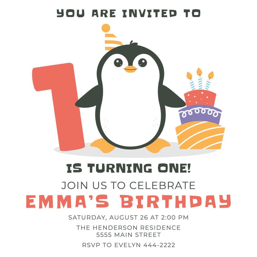 Greeting and invitation card for kids Birthday party. Cute baby animal penguin, cake, number 1 in flat childrens style. illustration, design for card, poster, event vector