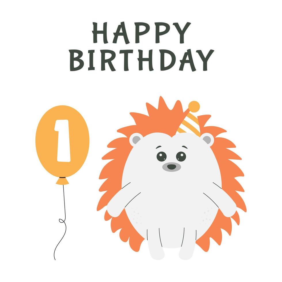 Greeting invitation card for first kids Happy Birthday. Cute baby hedgehog and balloon number one in flat childrens style. illustration, design for card, poster, banner vector