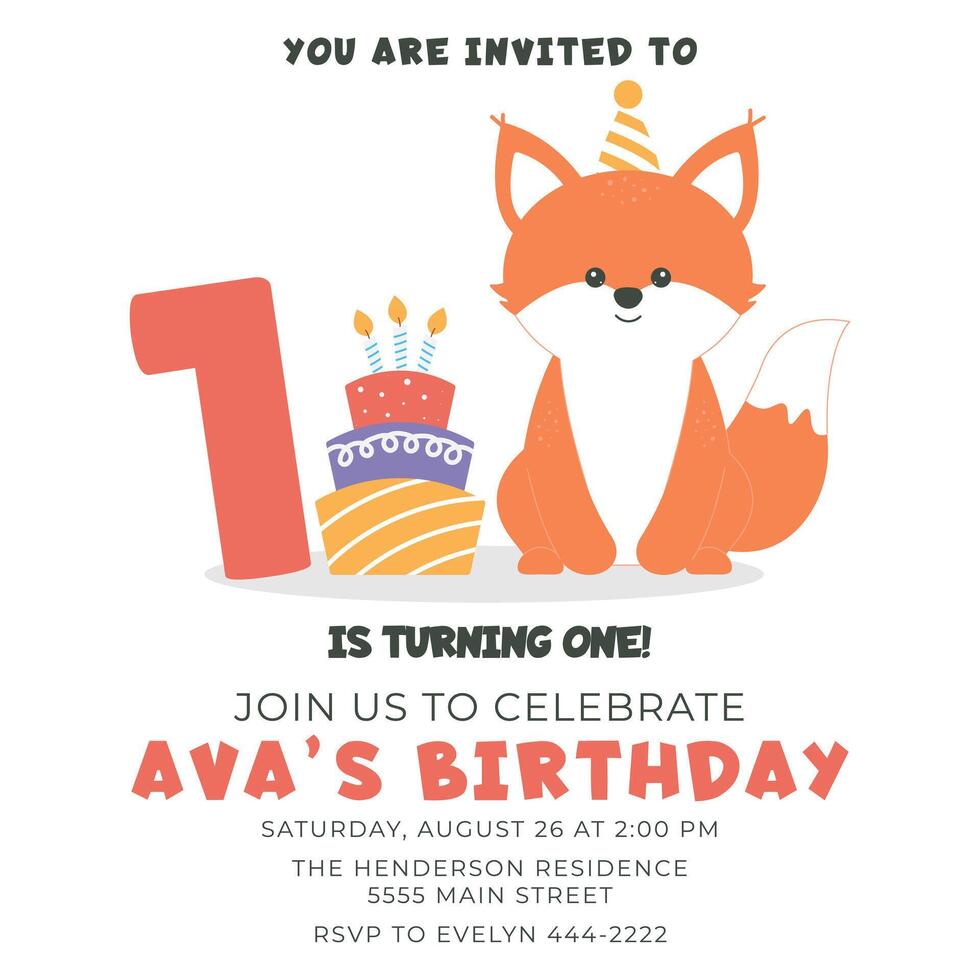 Greeting and invitation card for kids first Birthday party. Cute baby animal fox,cake,number 1 in flat childrens style. illustration, design for card, poster, event vector