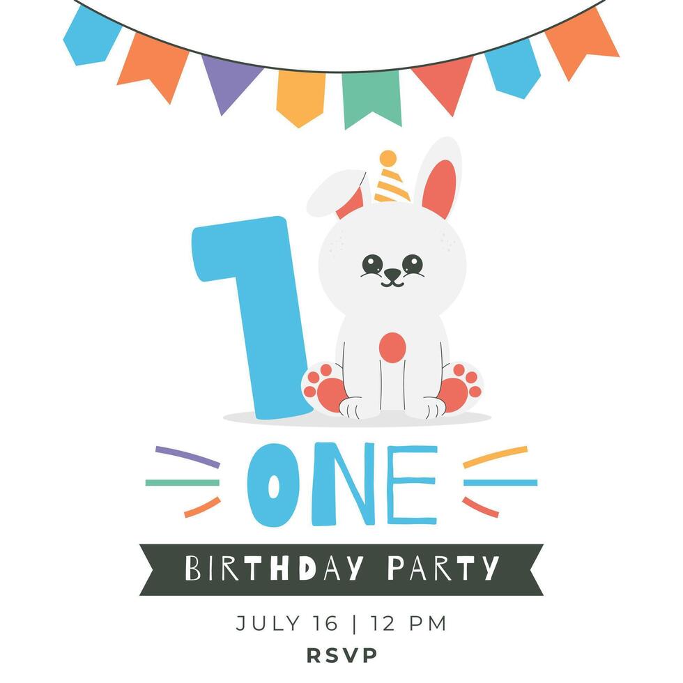 Greeting and invitation card for kids first Birthday party. Cute baby bunny and number 1 in flat childrens style. illustration, design for card, poster, banner vector