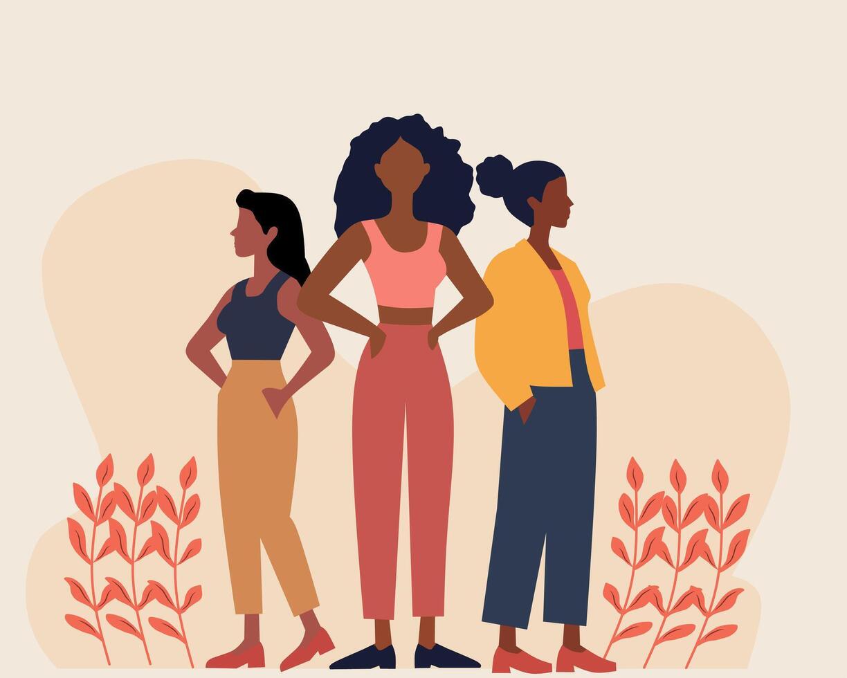 Illustration celebrating Women's Day, featuring strong, diverse women standing together. Perfect for themes of empowerment, equality, and unity. Flat design style vector