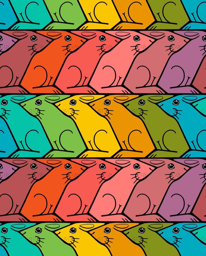 Seamless rainbow rabbit pattern in Escher style with alternating rows vector