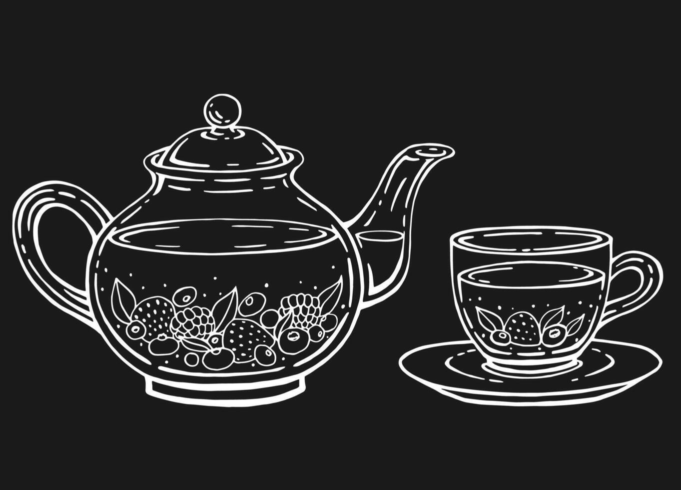 Tea set with healthy green tea, berries. Teapot and cup. Hand drawn illustration in outline style. vector