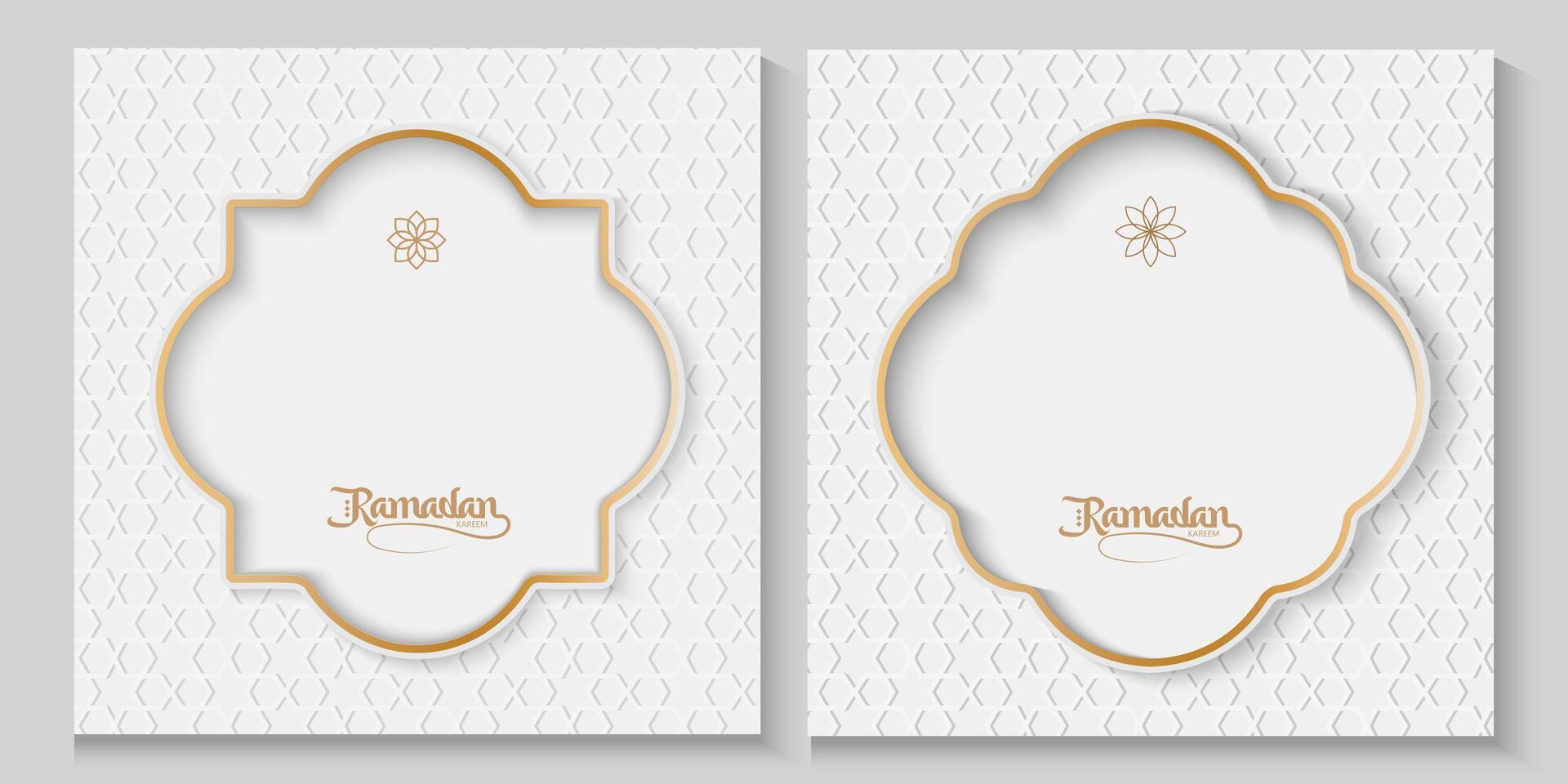 set of ramadan or eid card or poster on white and gold cards with a gold frame vector