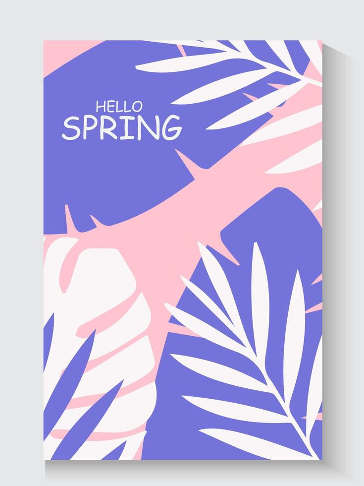hello spring poster background with palm leaves and text vector