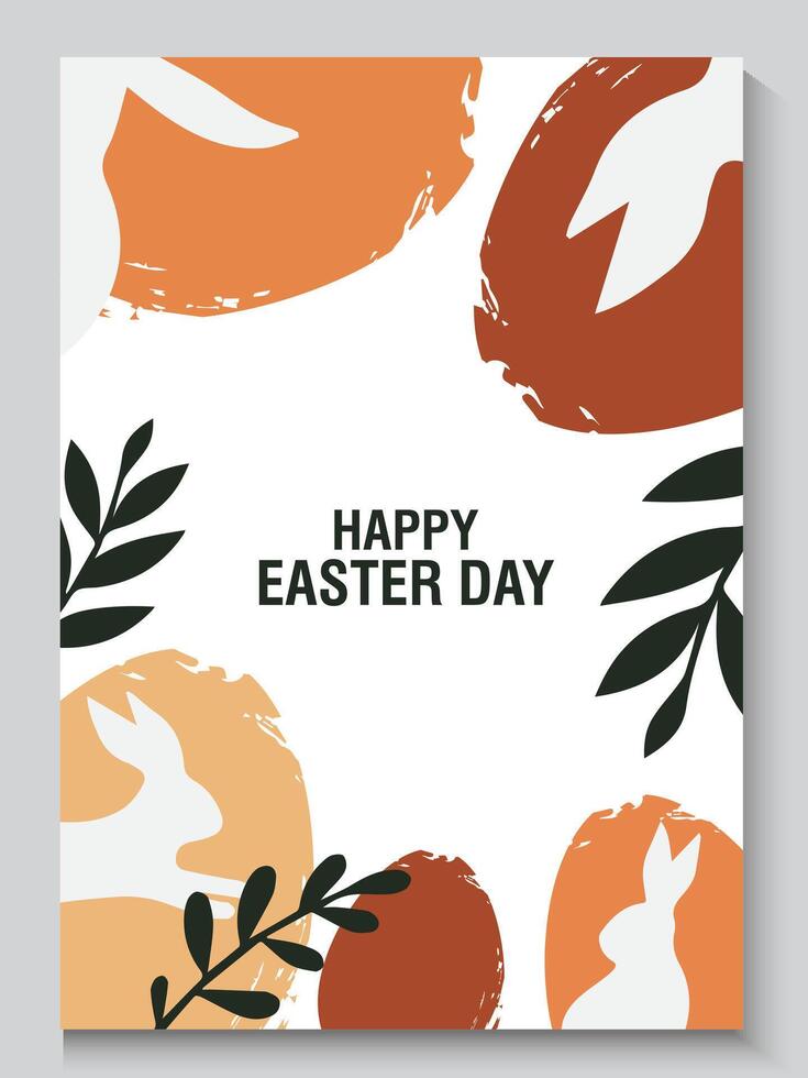 easter day greeting card background with rabbits and leaves vector