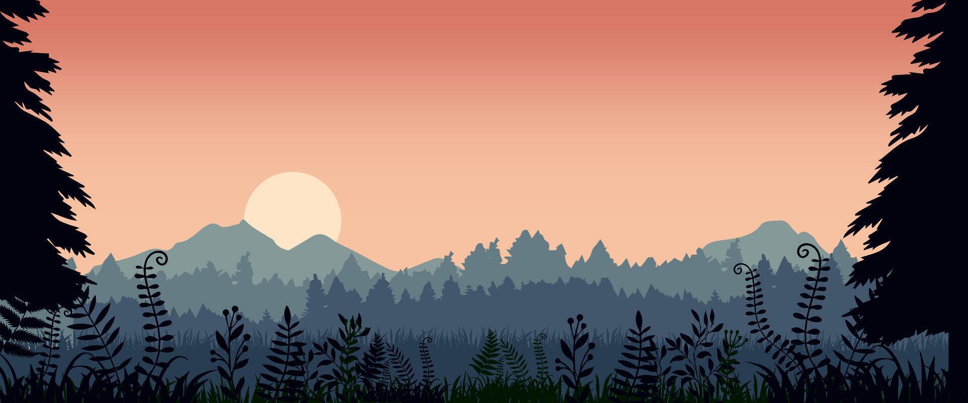 a forest scene with trees and mountains at sunset background vector