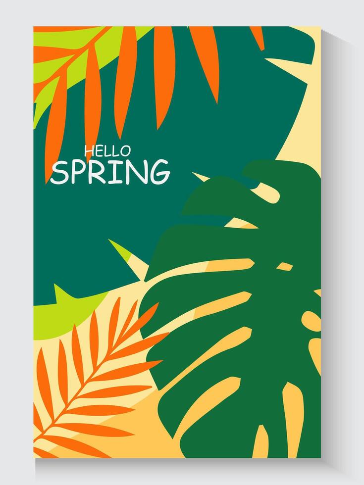 illustration of a spring poster with tropical leaves and the word hello spring vector