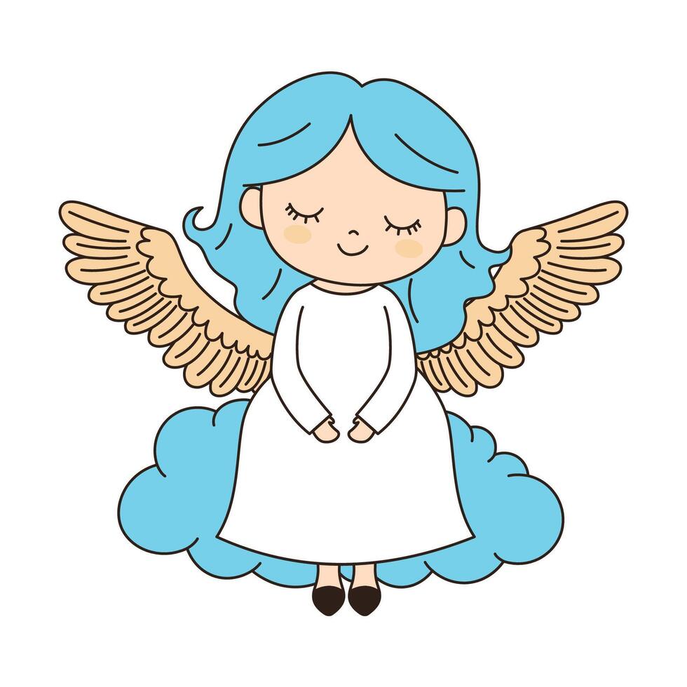 Friendly Beautiful Cute Winged Little Girl Angel Cartoon Character on Cloud in the Sky vector