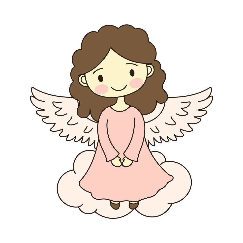 Beautiful Cute Winged Little Girl People Angel Cartoon Character on Cloud in the Sky vector