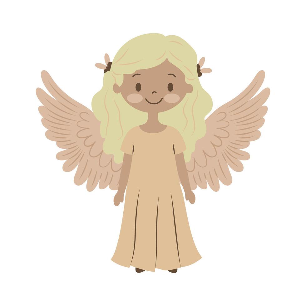 Cute Pretty Winged Little Girl Elf Fairy Angel Cartoon Character in Heaven Sky vector