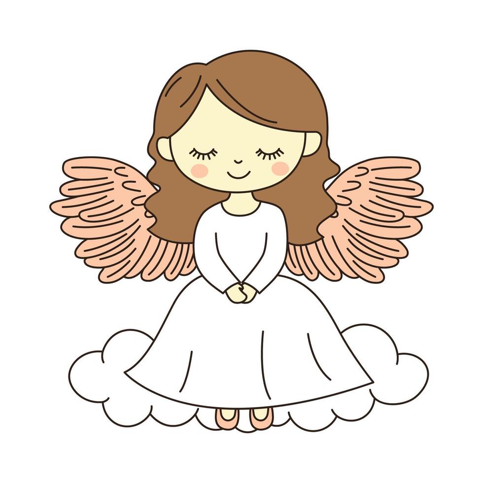 Cheerful Beautiful Cute Winged Little Girl Angel Cartoon Character on Cloud in the Heaven vector