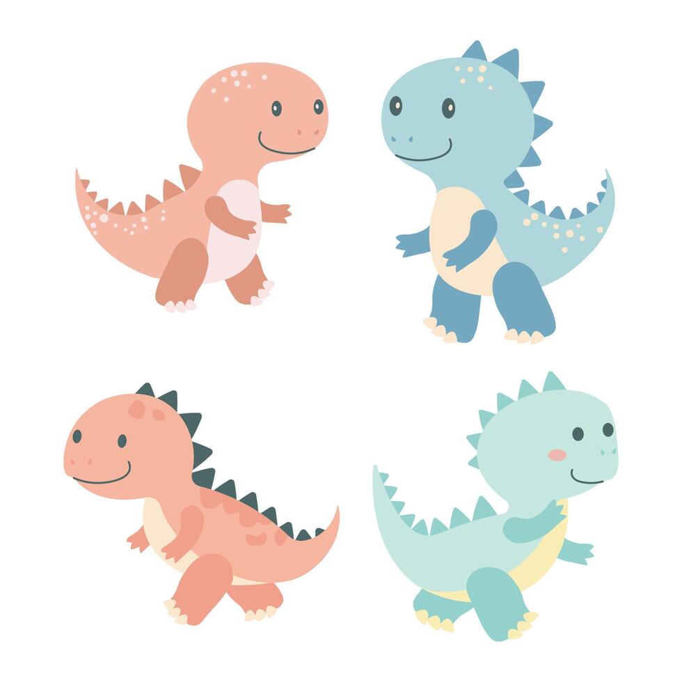 Set of Happy Funny Dino Dinosaur Animal Cartoon Character in Jungle vector