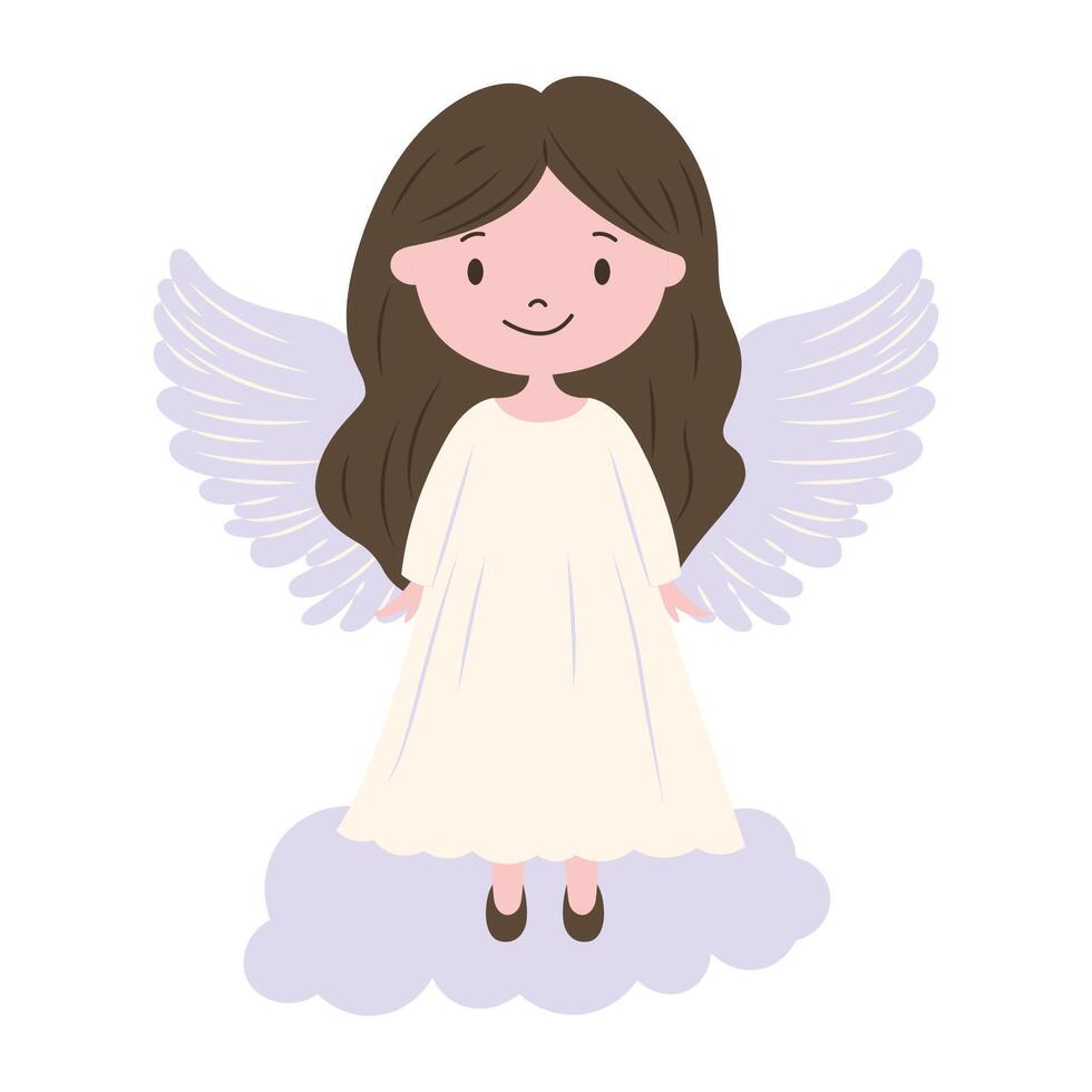 Cute Pretty Winged Little Girl Fairy Angel Cartoon Character with Cloud in Heaven vector