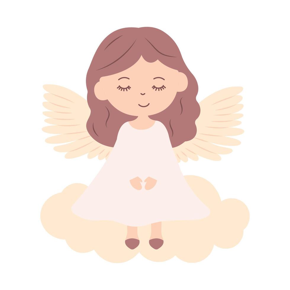 Funny Pretty Winged Little Girl Fairy Angel Cartoon Character with Cloud in the Sky vector
