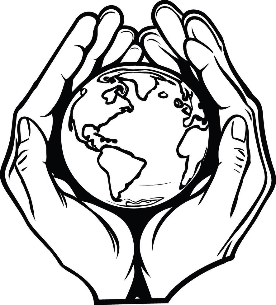 Protect Our Home A hands holding Earth illustration with a message of sustainability Black color line vector