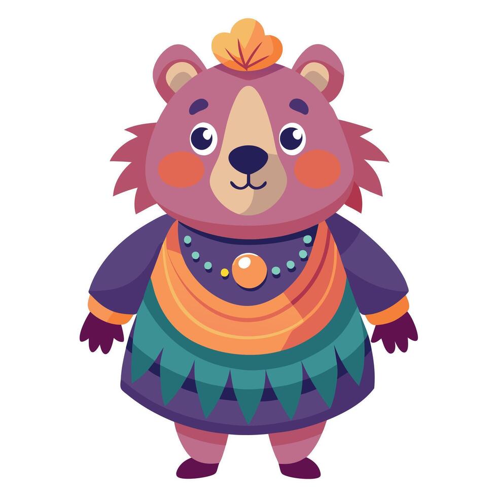 Cute Cartoon Bear in a Colorful Dress with a Tribal Look - Fun and Playful Animal Character vector