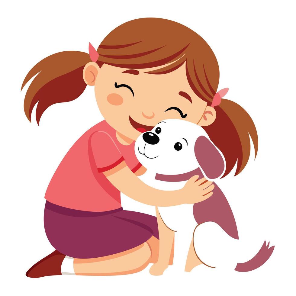 Happy Child Embracing Her Fluffy Puppy in a Warm and Loving Moment vector