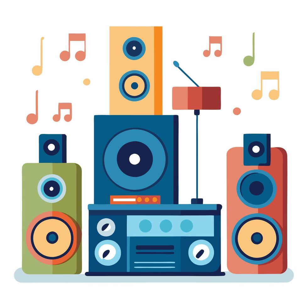Colorful Home Sound System with Multiple Speakers and Receiver Playing Music vector