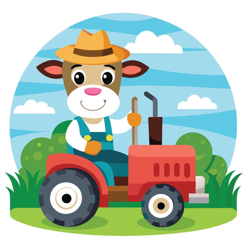 Adorable Cartoon Cow Farmer Driving a Red Tractor in a Sunny Farm Scene vector