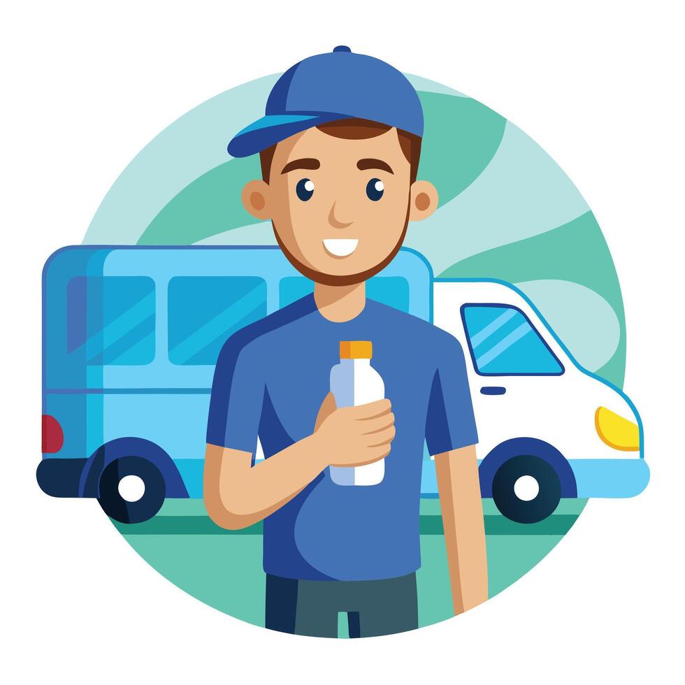 Smiling Delivery Worker Holding a Bottle of Clean Drinking Water in Front of a Delivery Truck vector