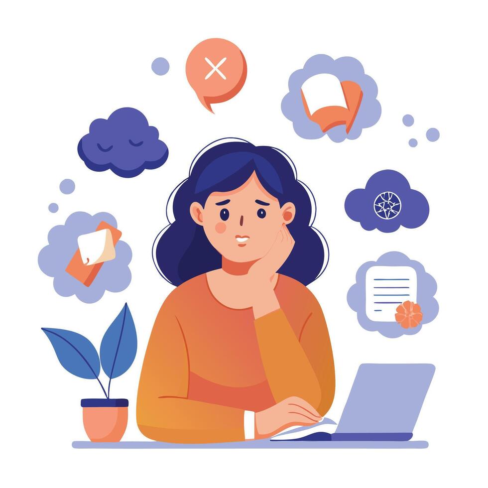 Depressed Young Woman in an Orange Sweater Feeling Overwhelmed with Stress and Anxiety vector
