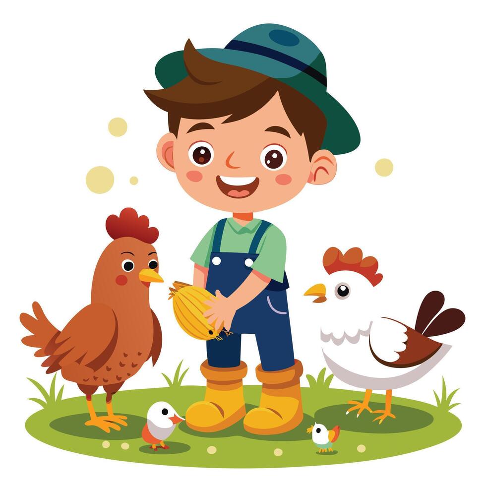 Adorable Cartoon Boy Feeding Chickens and Chicks in a Lush Farm Setting vector